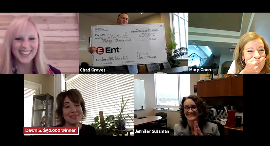 $50K "Save A Little, Win A Lot" winner Dawn Schuerkamp (lower left) is surprised by Ent Credit Union leadership on a recent Zoom call.