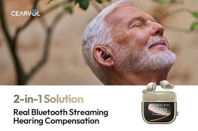 An elderly person using Cearvol Wave OTC hearing aids