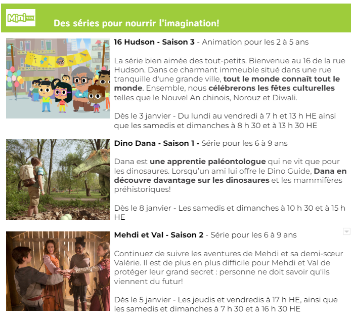 Programmes TFO pour les 2 à 8 ans.