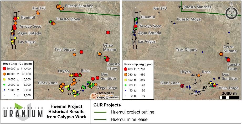 Map showing historic Copper and Silver rock geochemistry anomalies, Huemul Project