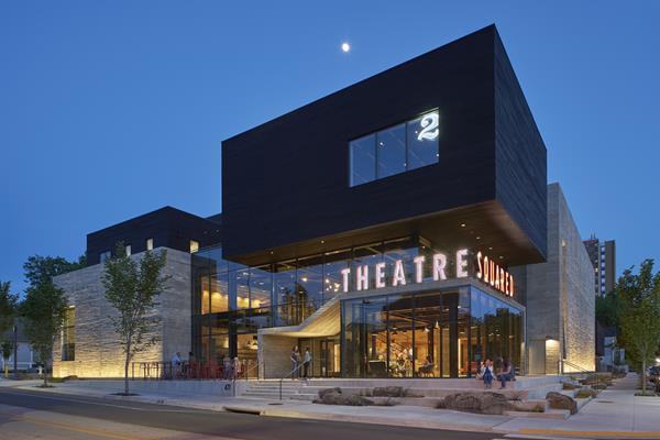 TheatreSquared’s new 50,000 SF home unites two states-of-the art theatres, eight artist apartments, a rehearsal space, offices, education and community spaces, on-site workshops, outdoor terraces at three levels, and an always-open café/bar. Photograph by Timothy Hursley.