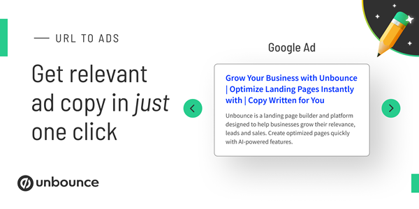 A google ad created for Unbounce by URL to Ads. The copy starts "Grow Your Business with Unbounce. Optimize Landing Pages Instantly"