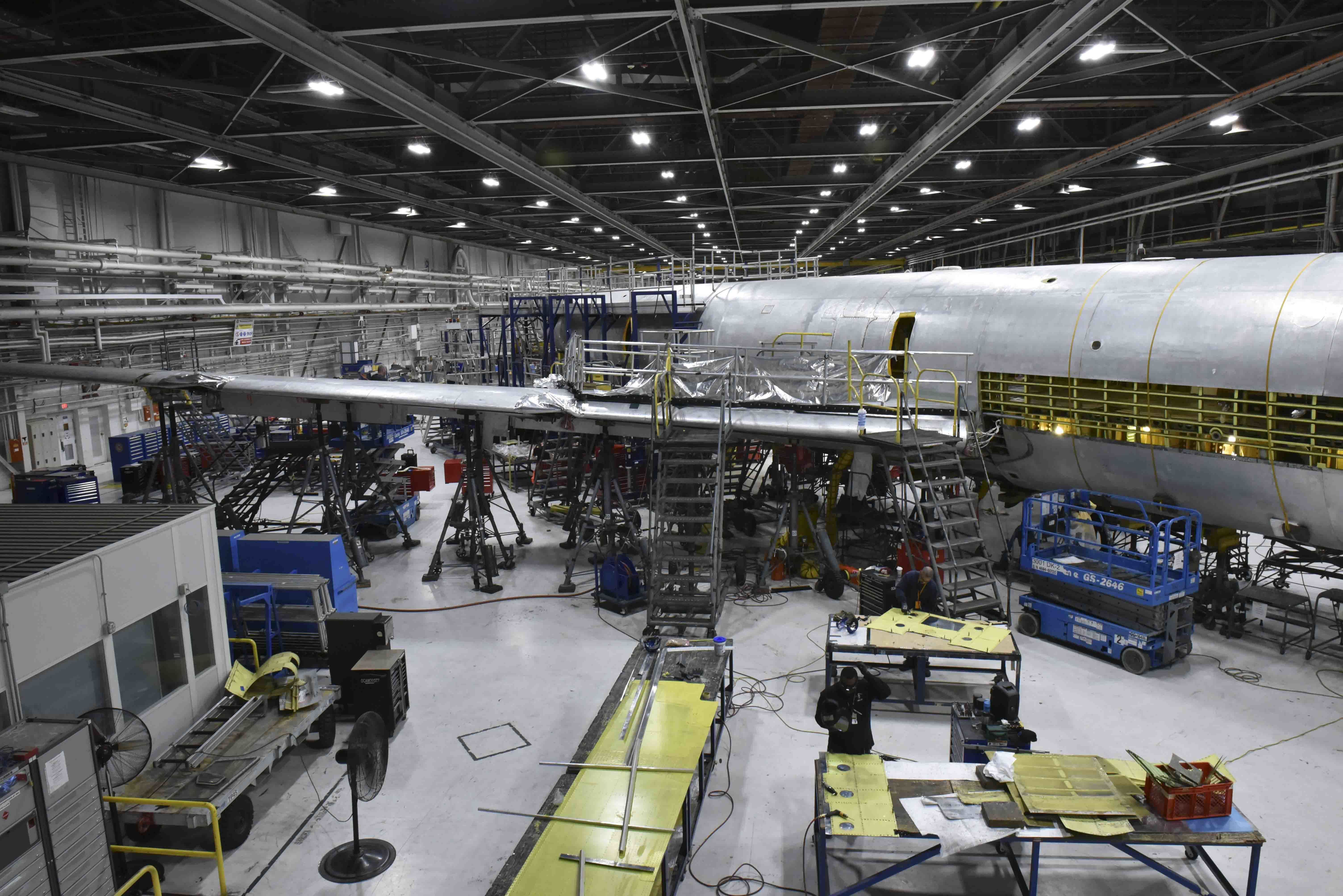 A KC-135 Stratotanker undergoes programmed depot maintenance using DLA-provided parts at the Oklahoma City Air Logistics Complex at Tinker Air Force Base, Oklahoma. Photo by Airman Kiaundra Miller