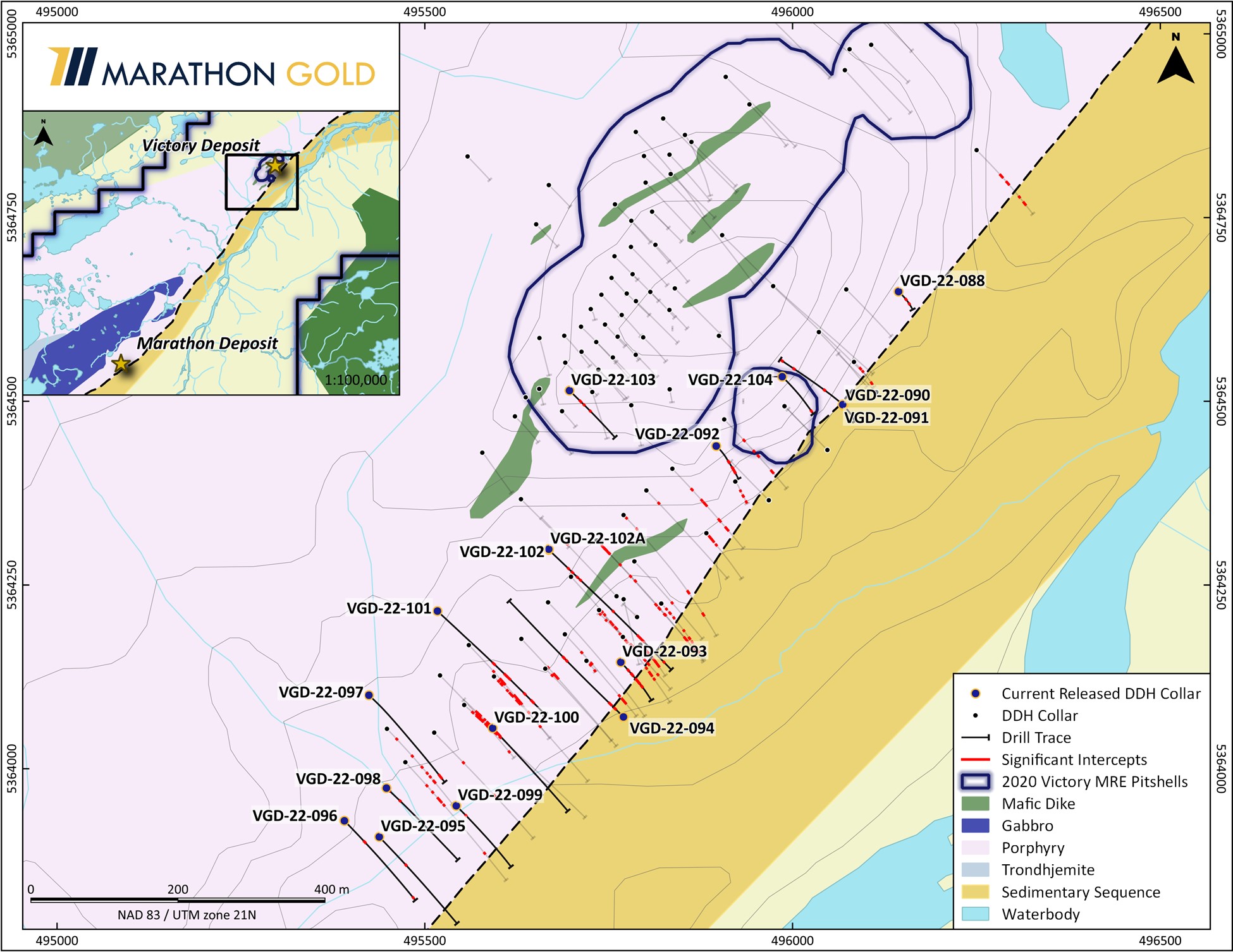 Location of Victory Deposit Exploration Drill Hole Collars VGD-22-088, and VGD-22-90 to VGD-22-104