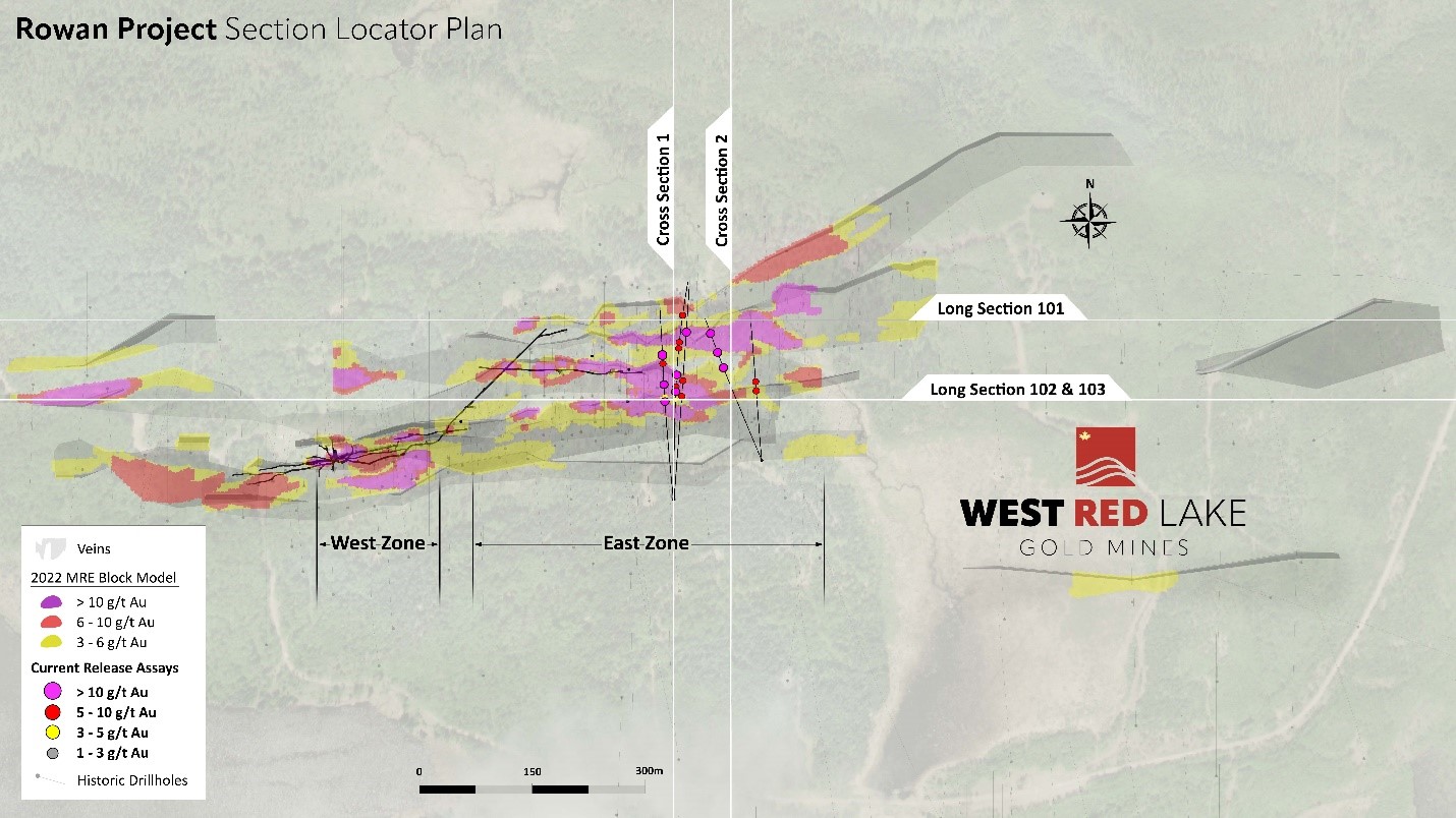 Deposit-scale plan map of Rowan Mine Target area showing traces and intercepts for holes highlighted in this News Release.