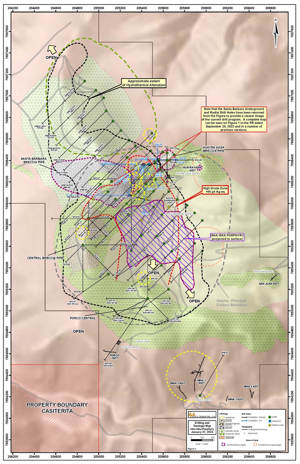 Geological Plan Map showing Drilling in Santa Barbara Area with Holes referred to in this release highlighted
