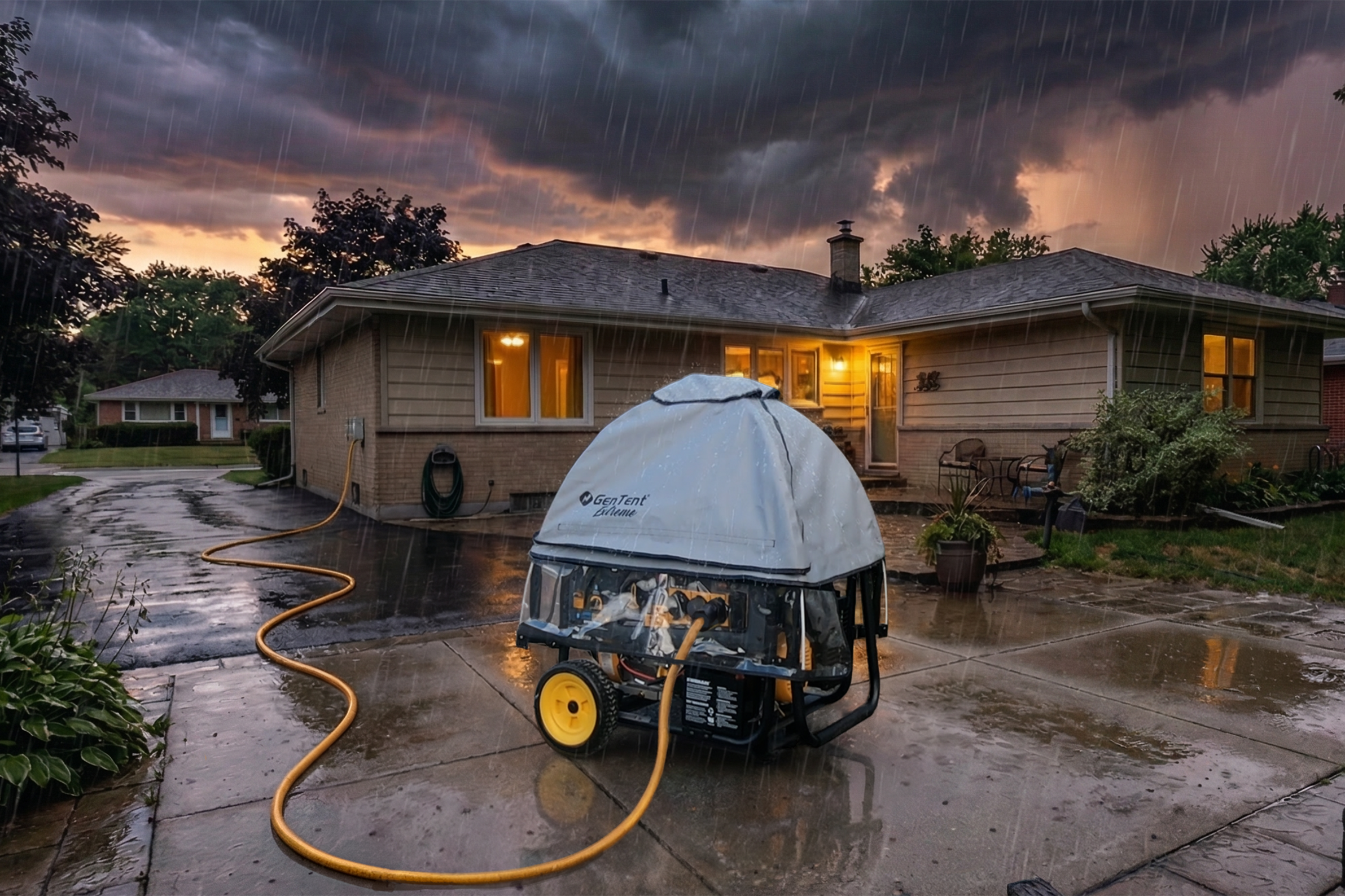GenTent Steel Mounted System protecting a FIRMAN H07553 in the rain while running