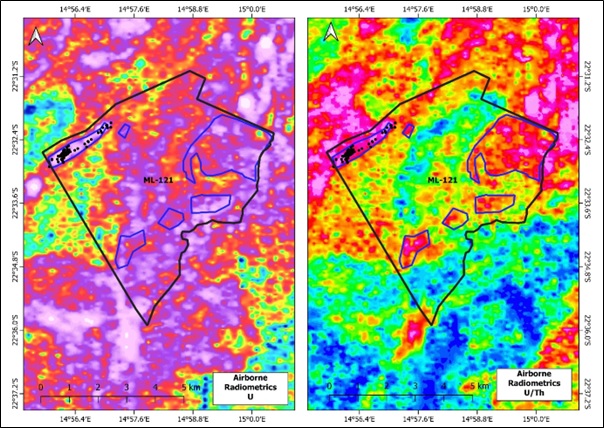 Figure 3: Airborne radiometric signature and targets (blue outline) over ML121. The black dots represent drillholes over the northwestern anomaly.