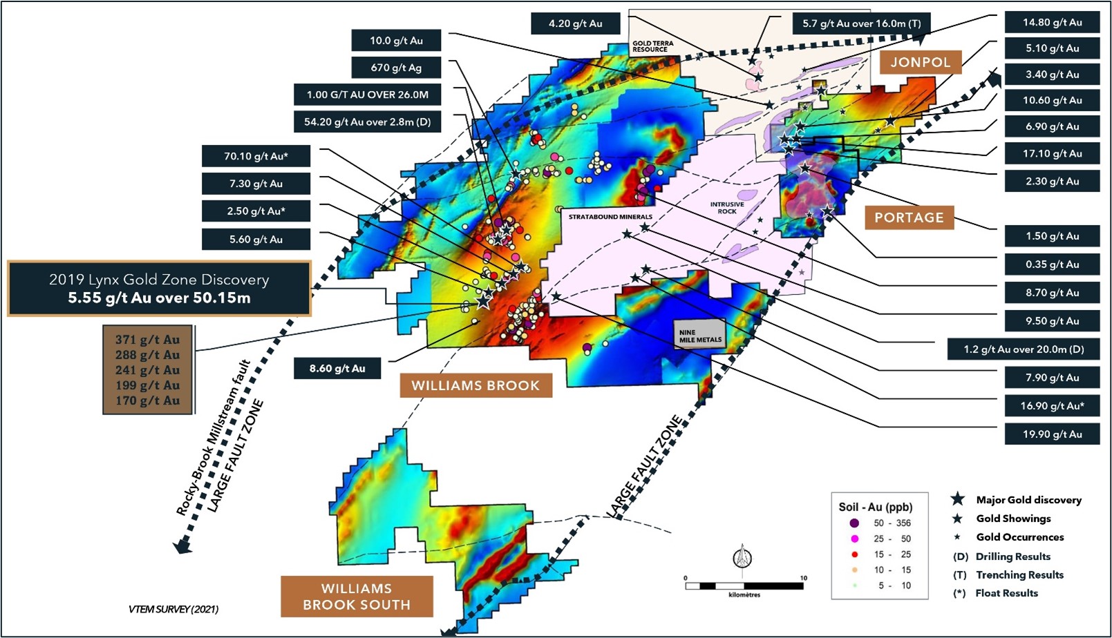 Main gold showings and occurrences at the Williams Brook Gold Project