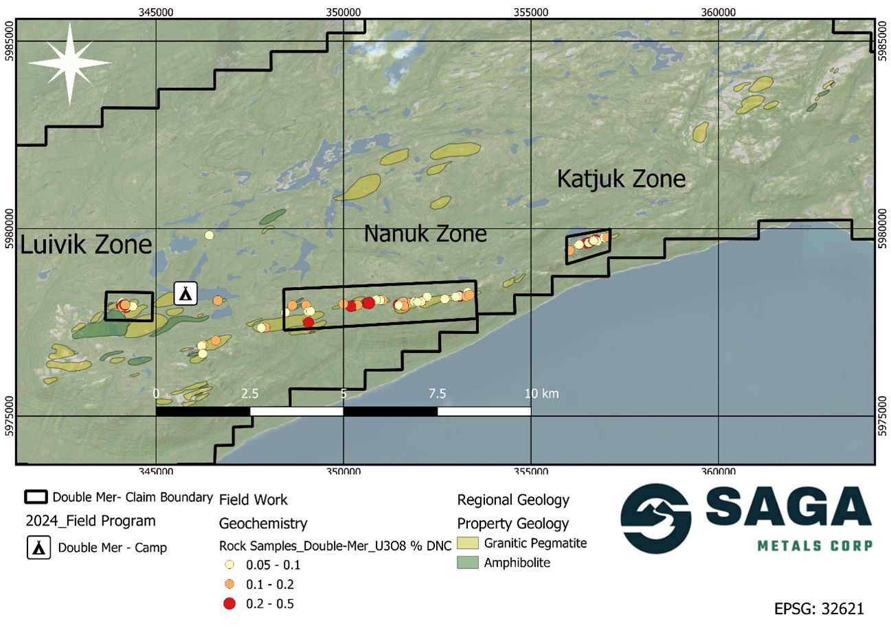 Surface sample assay results within the three identified priority zones