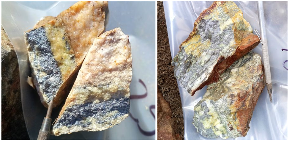 Hurley East Project: (Left) Quartz vein float with banded stibnite mineralization (Right) Quartz vein hosting banded arsenopyrite-pyrite mineralization