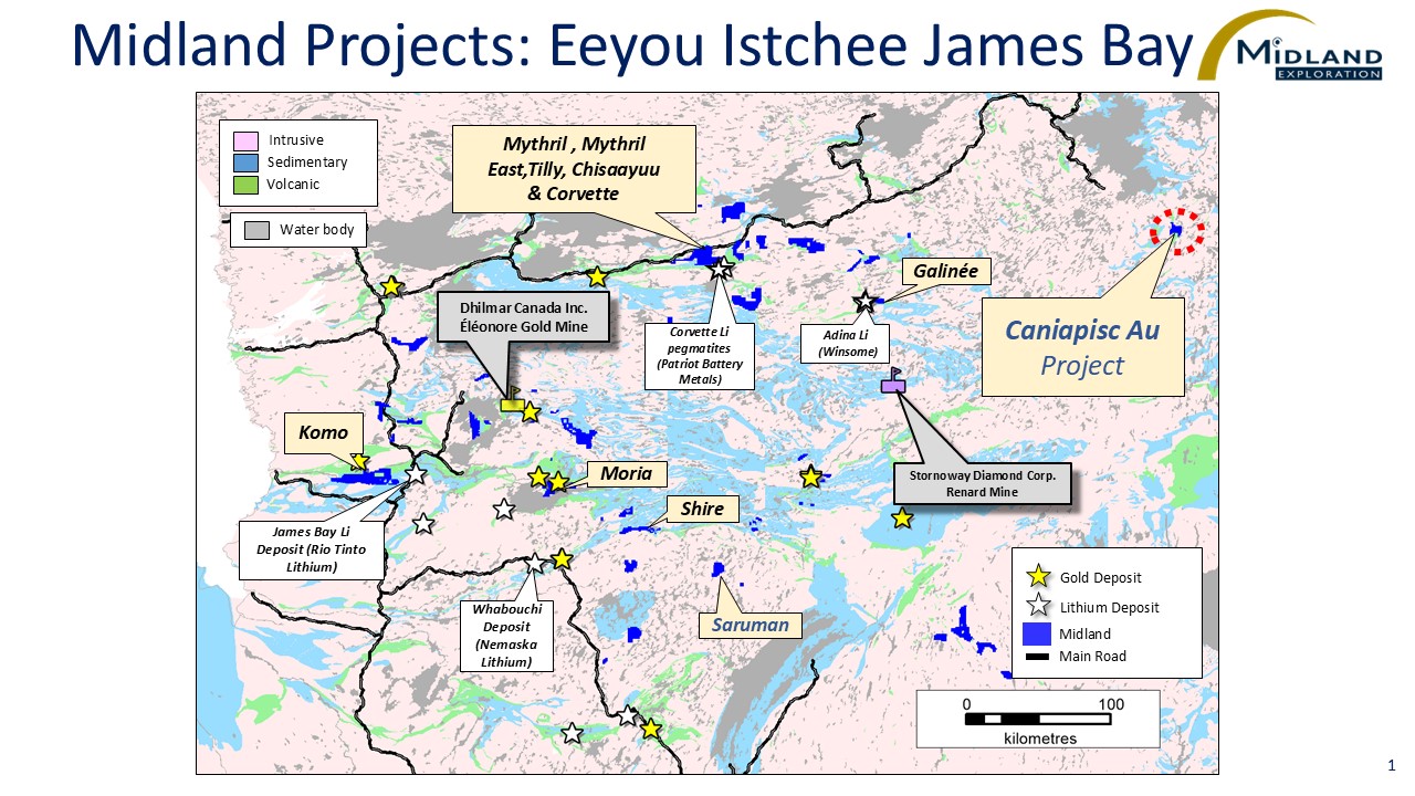 Midland Commences a Gold Exploration Program on Its Caniapisc Au Project, James Bay