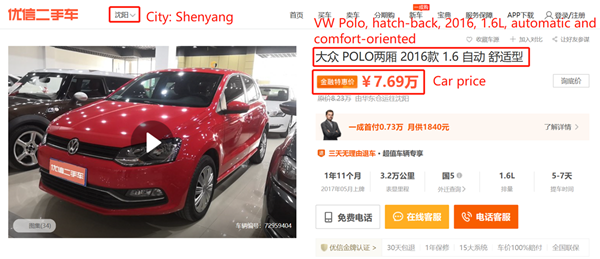 Example 3 - A VW Polo, hatch-back, 2016, 1.6L, automatic and comfort-oriented; shown in four cities – Cangzhou, Chongqing, Shenyang and Foshan with different prices (3)