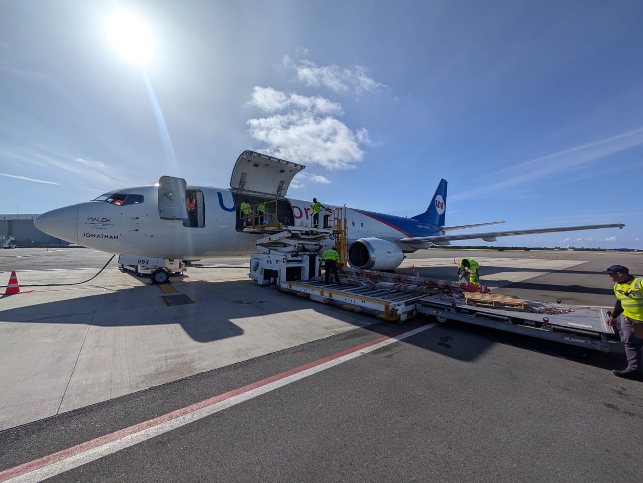 Airport ground crew loading humanitarian aid pallets onto a cargo aircraft for delivery to Venezuela.