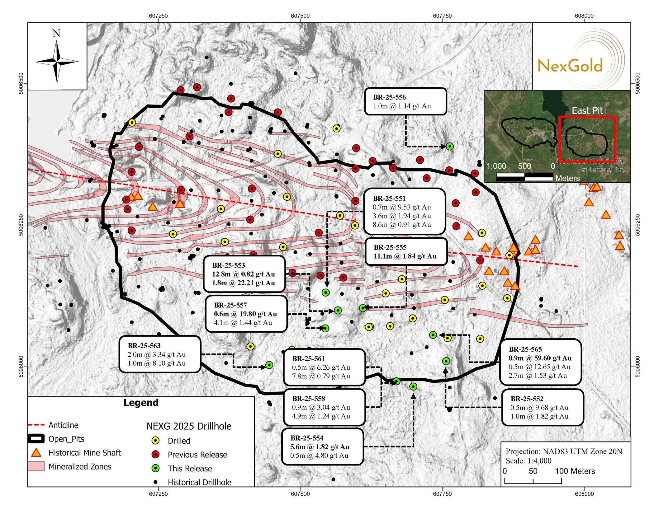 Plan map showing the location of diamond drill holes BR-25-551 to 558, 561, 563 and 565 along with highlights assays in the proposed East Pit, Goldboro Gold Deposit