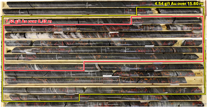 Core photo of hole SLA-25-04 showing headline interval of 4.54 g/t Au over 15.60 metres