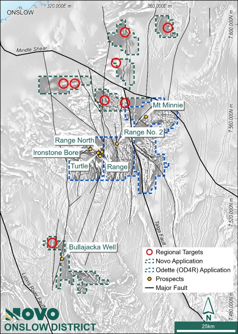 Onslow District Targets over 1VD aeromagnetic image showing complex structural setting