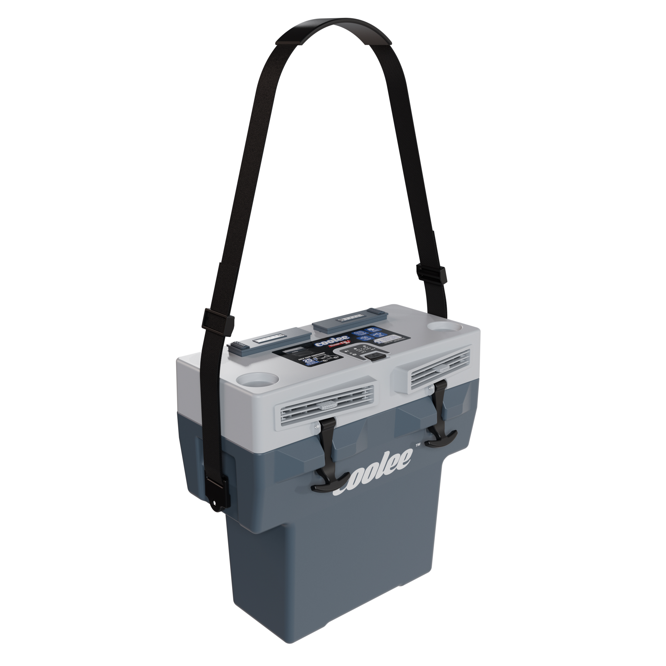 Cool Boss by BendPak Coolee portable golf cart air conditioner with its padded carry strap raised.