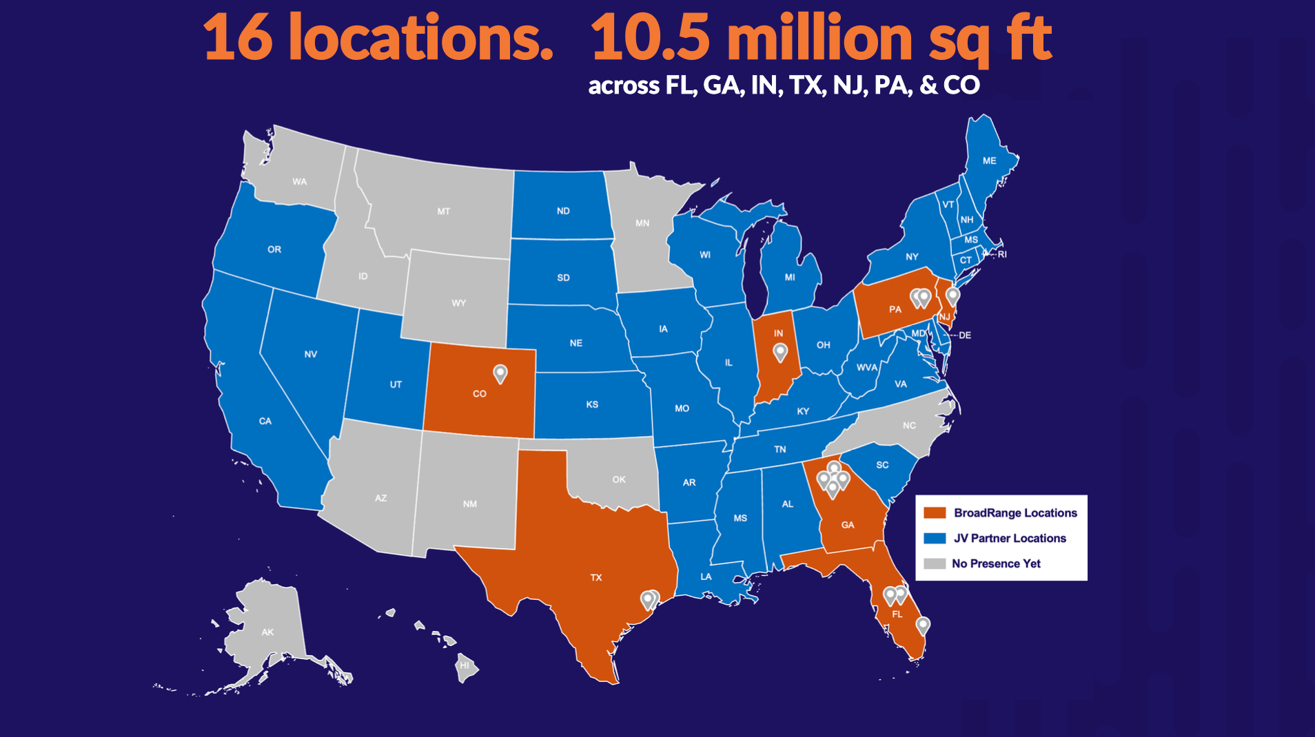 Map of BroadRange Logistics warehouse & distribution centers across the US
