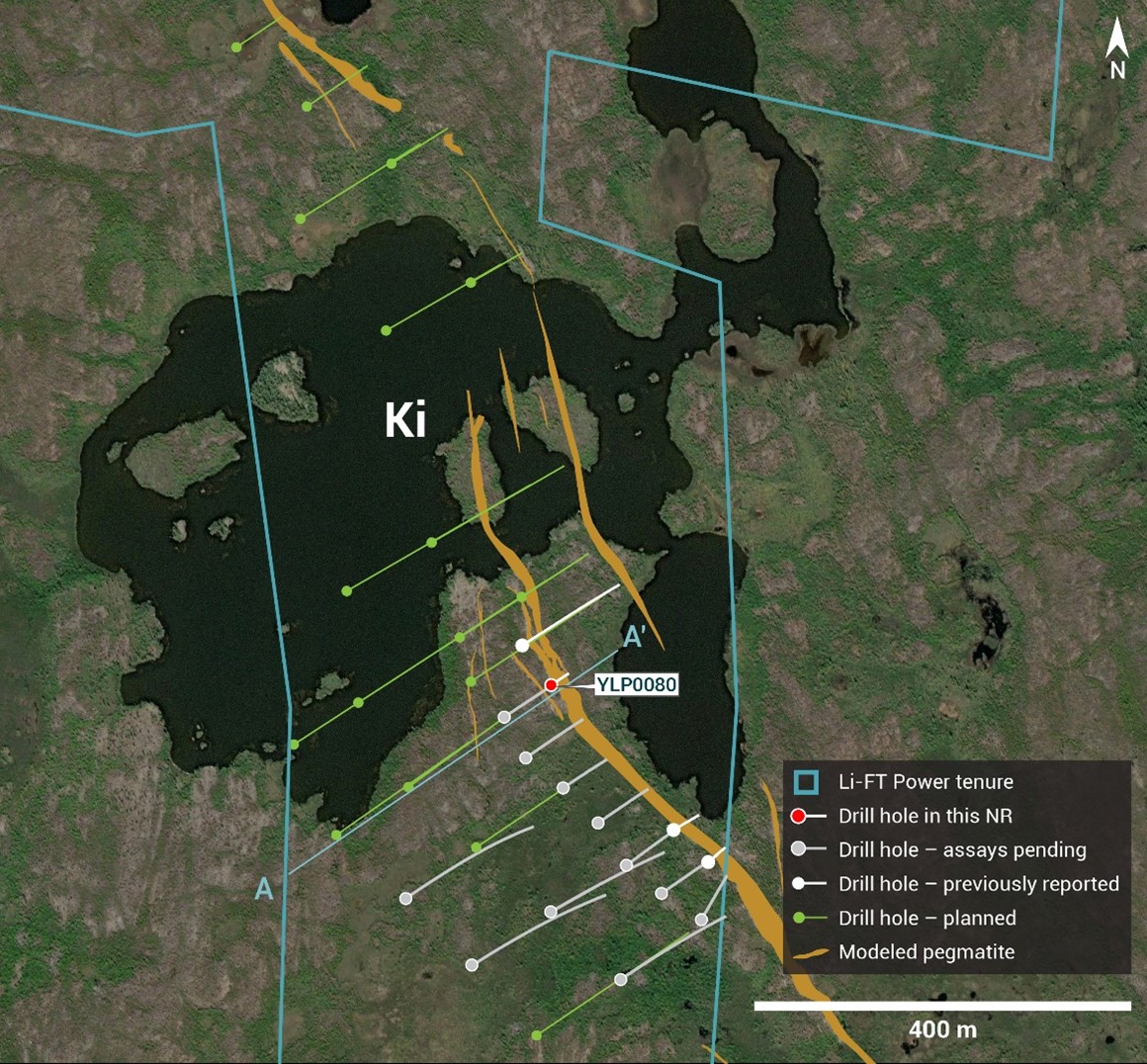 Plan view showing the surface expression of the Ki pegmatite with diamond drill hole reported in this press release.