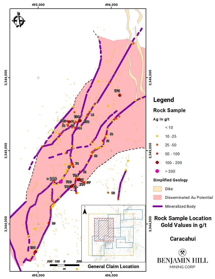 Figure 2: Silver Assay Map from the Caracahui N (El Fierro) sampling program.