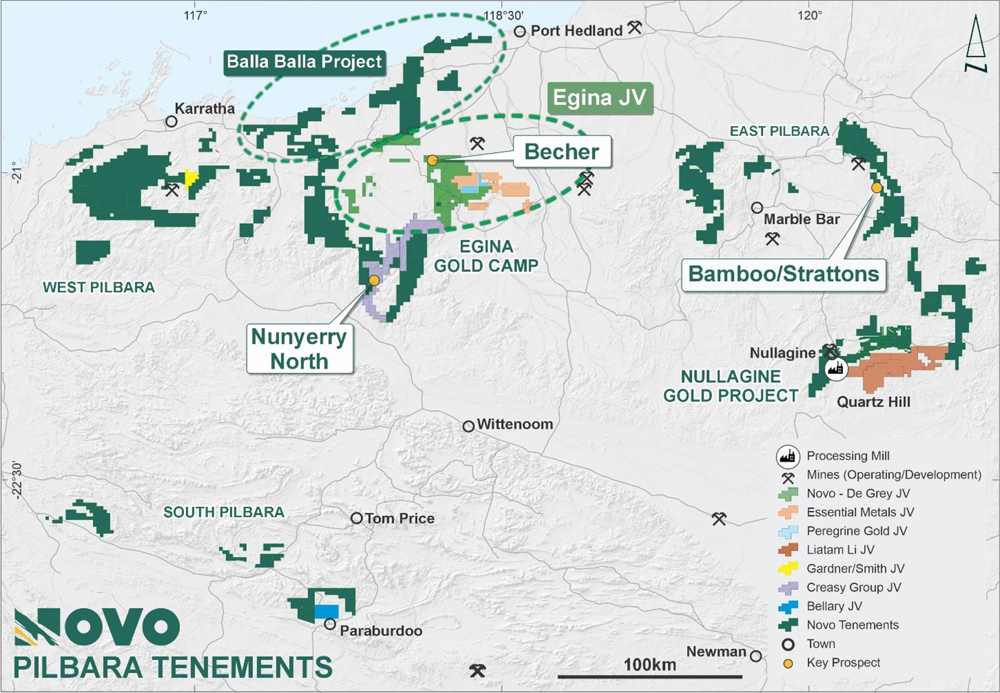 Novo’s Pilbara tenure, showing priority prospects and joint venture interests.