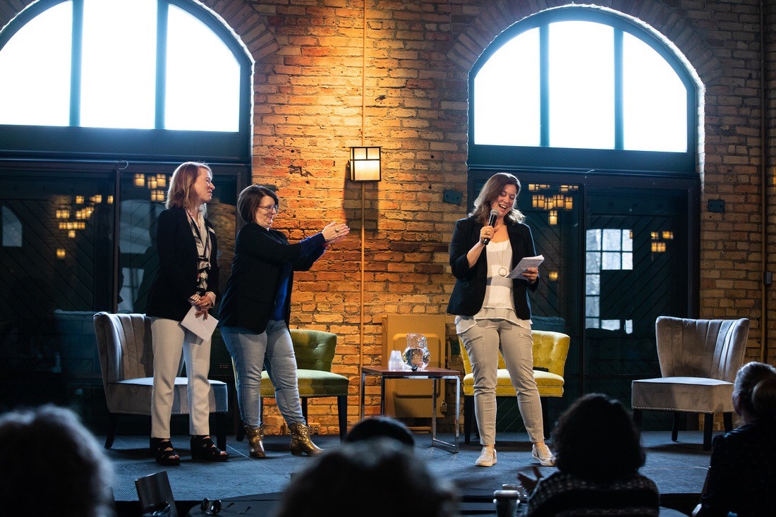 Drew Calvert, Niman Ranch VP of Innovation and Executive Director of the Next Generation Foundation, announces the new Women in Food scholarship alongside Katherine Miller, Vice President of Impact for the James Beard Foundation, and Kristen Lee-Charlson, Executive Director of Women Chefs and Restaurateurs. (Photo Credit: Leigh Loftus/Women Chefs & Restaurateurs)