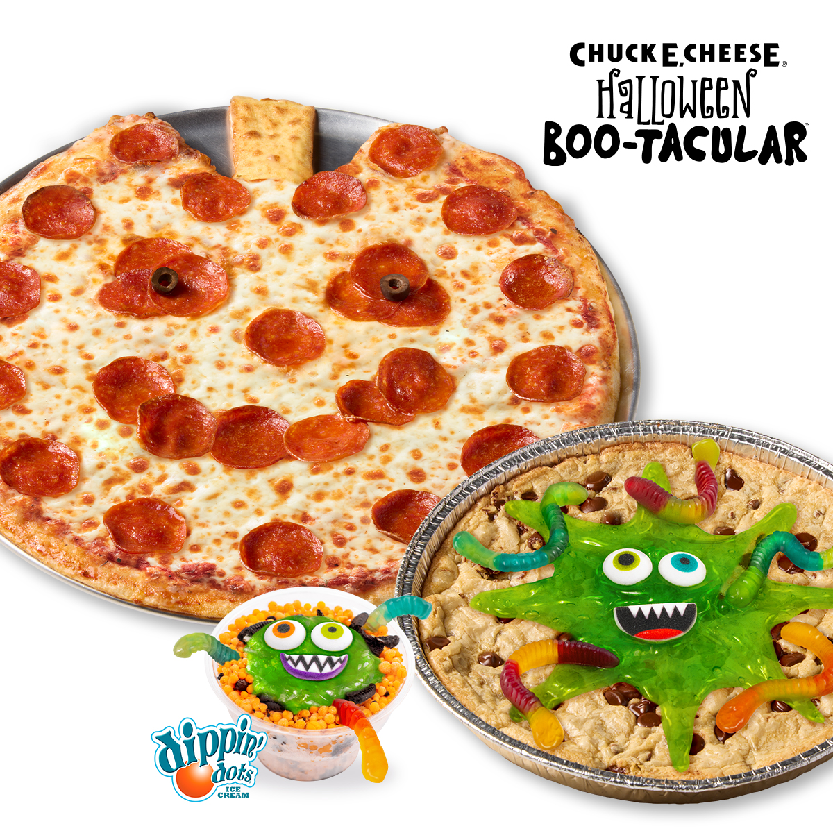 Chuck E. Cheese Boo-Tacular limited time menu includes pumpkin shaped pizza, slime cookie and slime Dippin Dots Ice Cream.