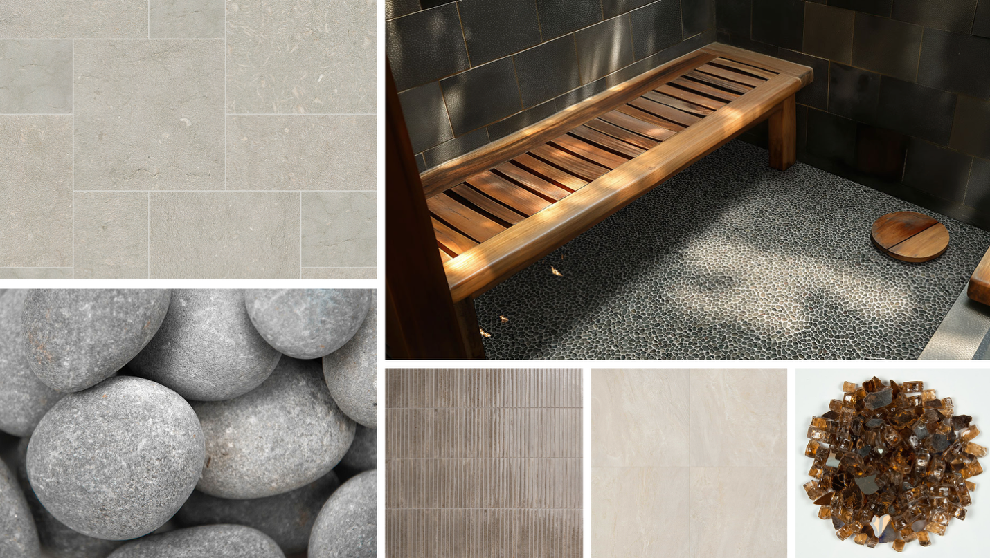 Gorgeous pavers, pebbles, fluted tile, fire glass, and pebble mosaic tiles.