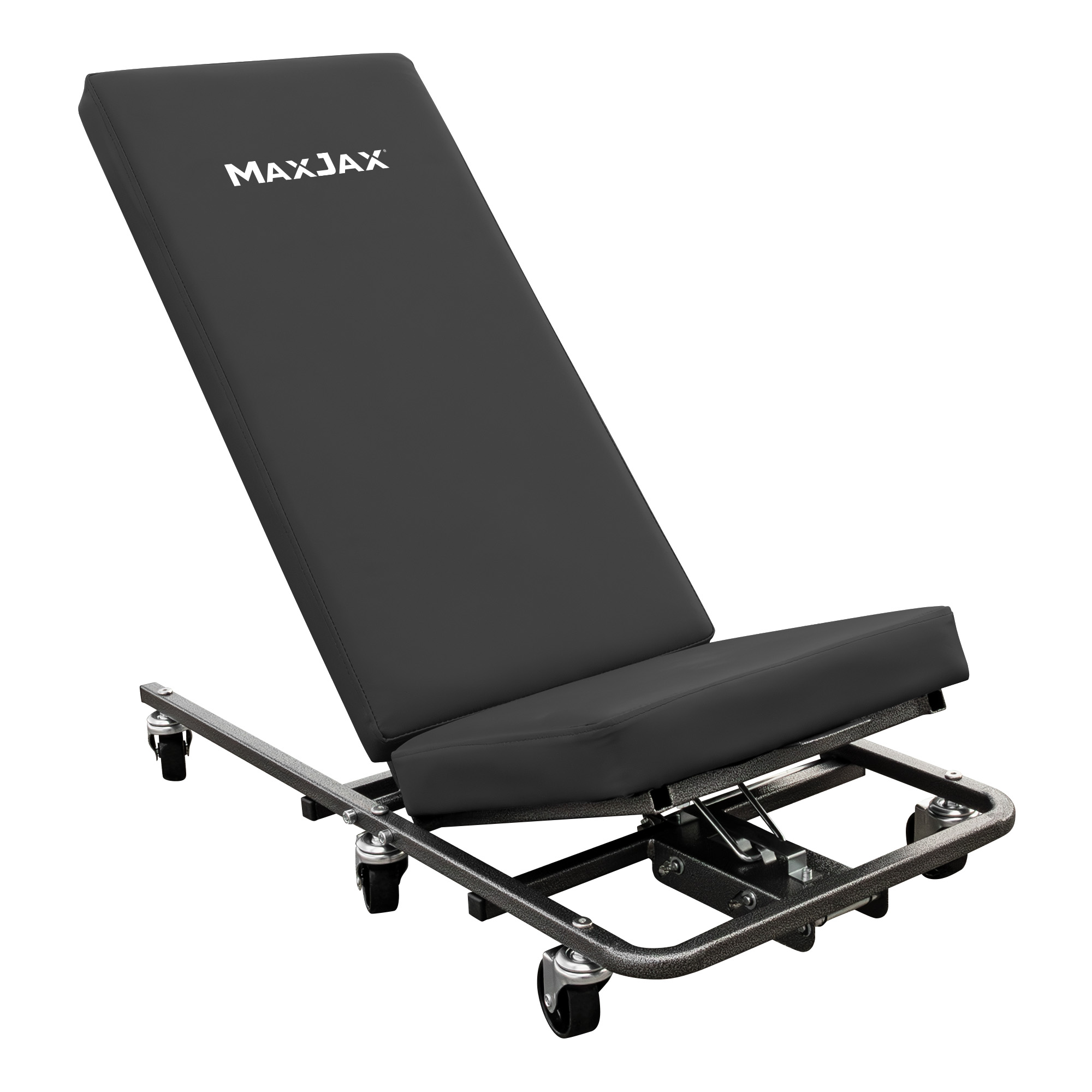 Black reclining creeper seat with white MaxJax logo across the headrest area