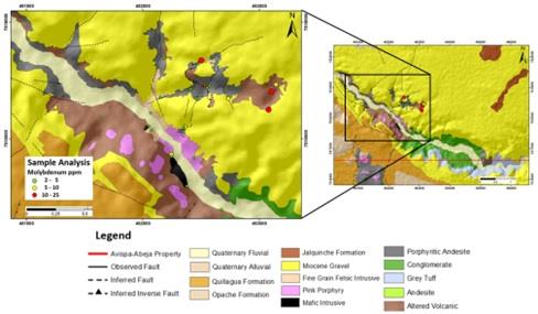 Figure 4: Geological map of the San Salvador valley showing molybdenum assay results of lithological samples collected. Anomalous values of 10-25 ppm Mo were obtained from altered andesite volcanics.