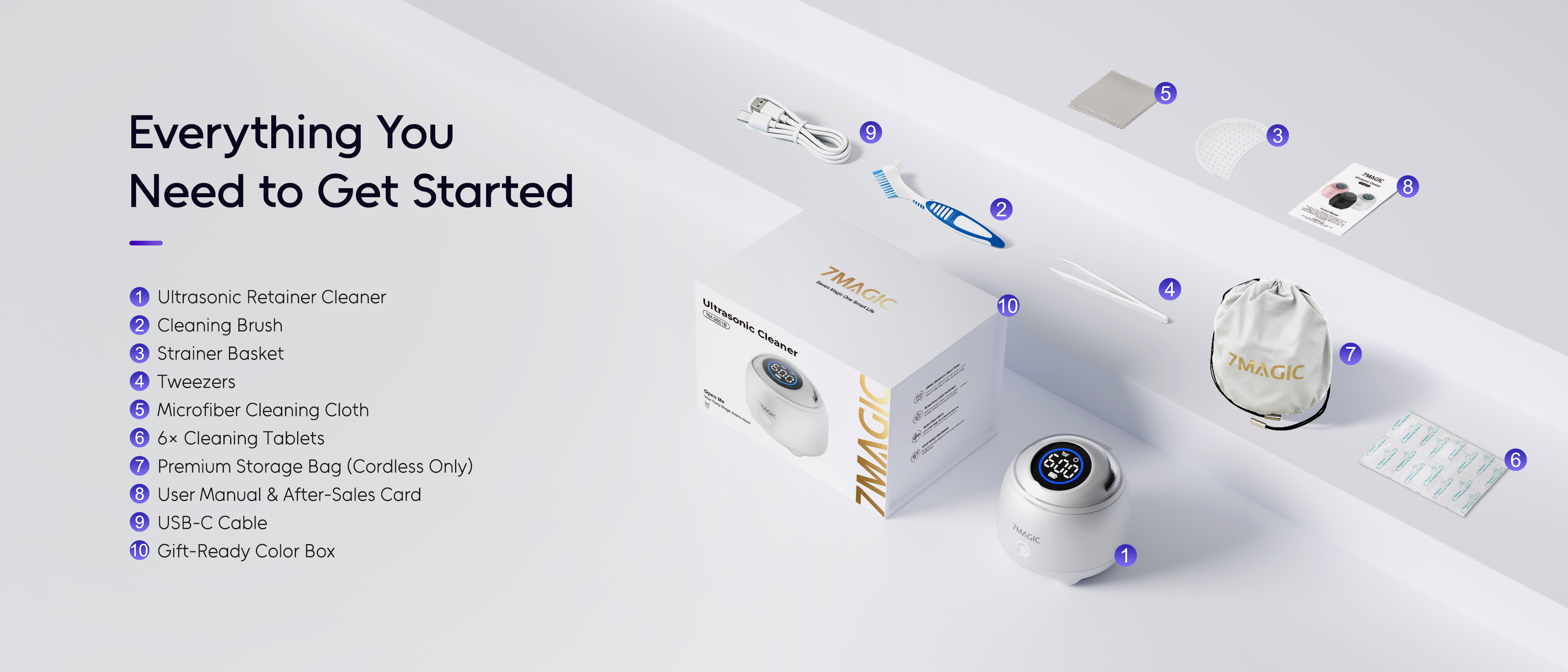 7MAGIC SonicPod Go cordless retainer cleaner with USB-C charging and up to 14 five-minute cycles for home and travel use.