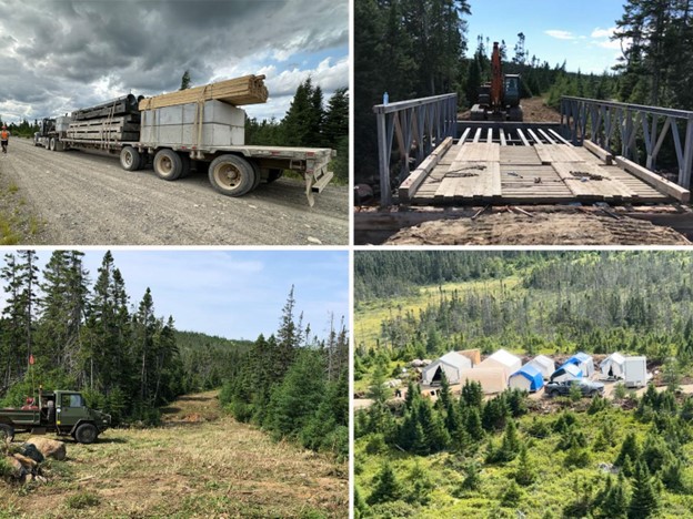 Images showing infrastructure upgrades including road clearing, culverts, and multiple bridge installations giving year-round access to the Project. Bottom right, phase 1 camp established on the Atlantic Nickel Project site.