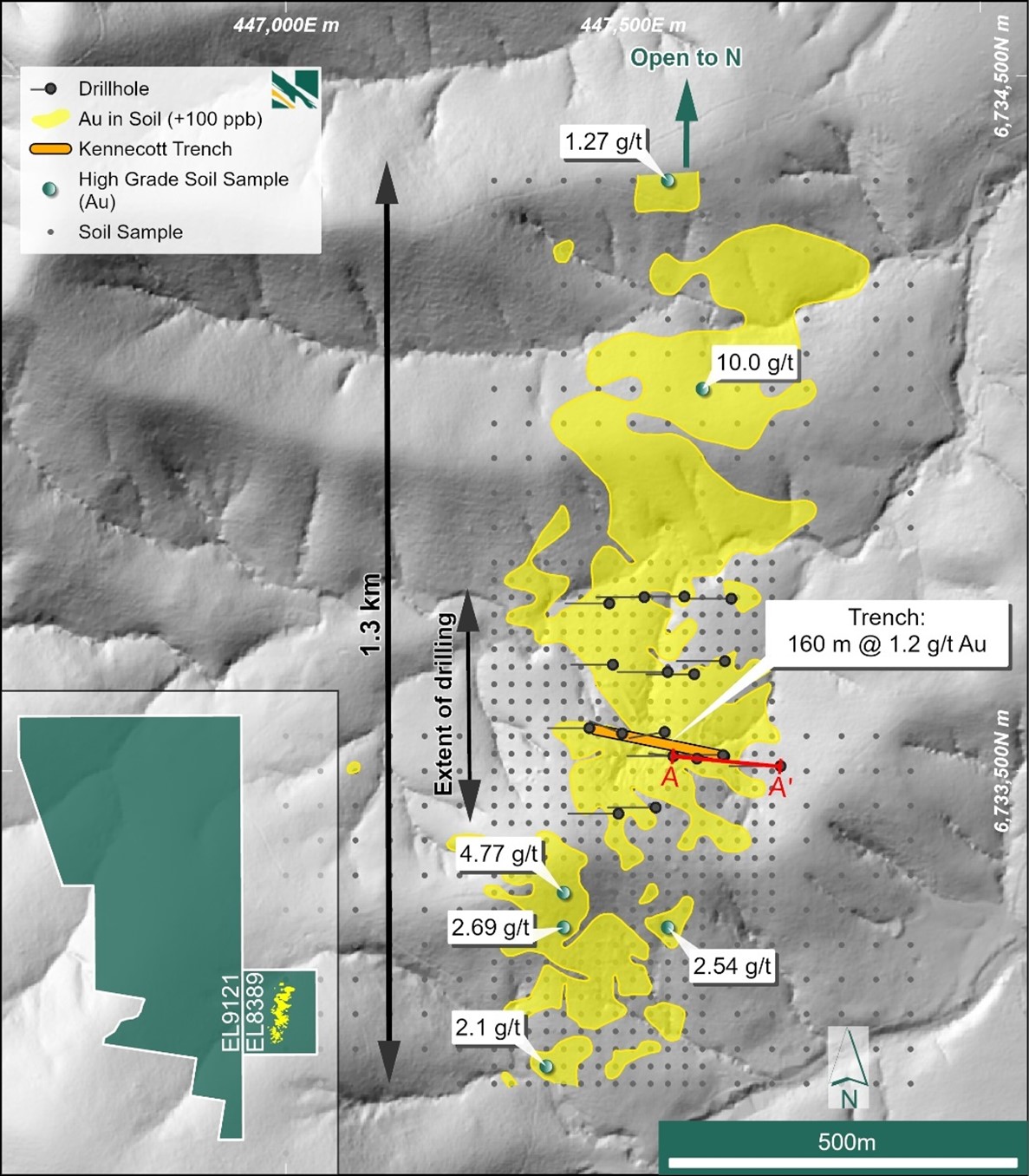 John Bull drill hole and costean locations, soil gold geochemical results and historical soil sampling locations. The location of drill Section A-A' (see below) is also noted.