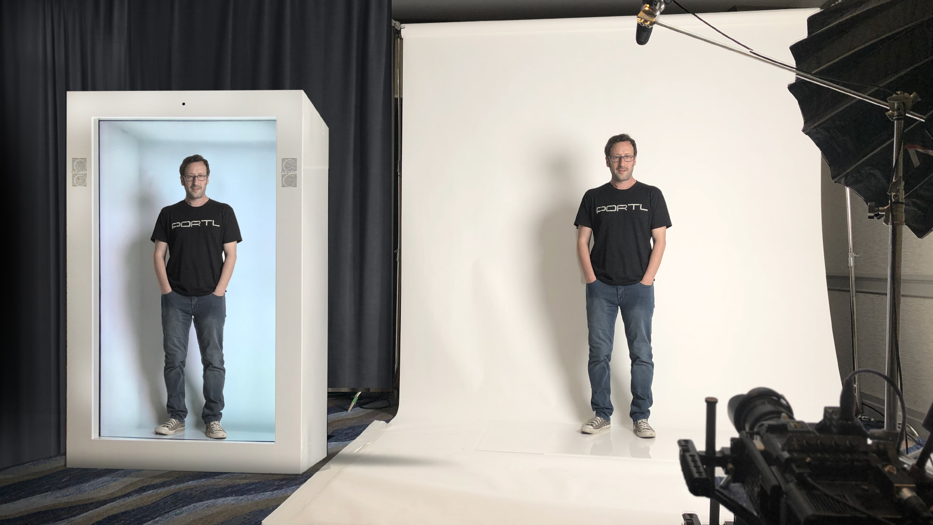 PORTL Inc, founder David Nussbaum demonstrates the Epic PORTL hologram device, the world's first human-sized, single-passenger holoportation machine. The Tim Draper-backed startup's slogan is, "If you can't BE there, BEAM there!"