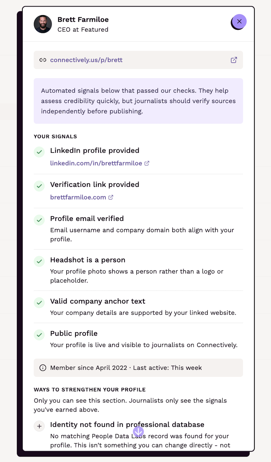 Connectively Verification Signals