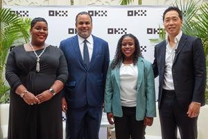 From left to right: Ianthe Tynes, OKX Bahamas CCO; Senator the Hon. Michael B. Halkitis, Minister of Economic Affairs and Leader of Government Business in the Senate; Dr. Jillian Bethel, OKX Bahamas CEO; Tim Byun, OKX Global Government Relations Officer
