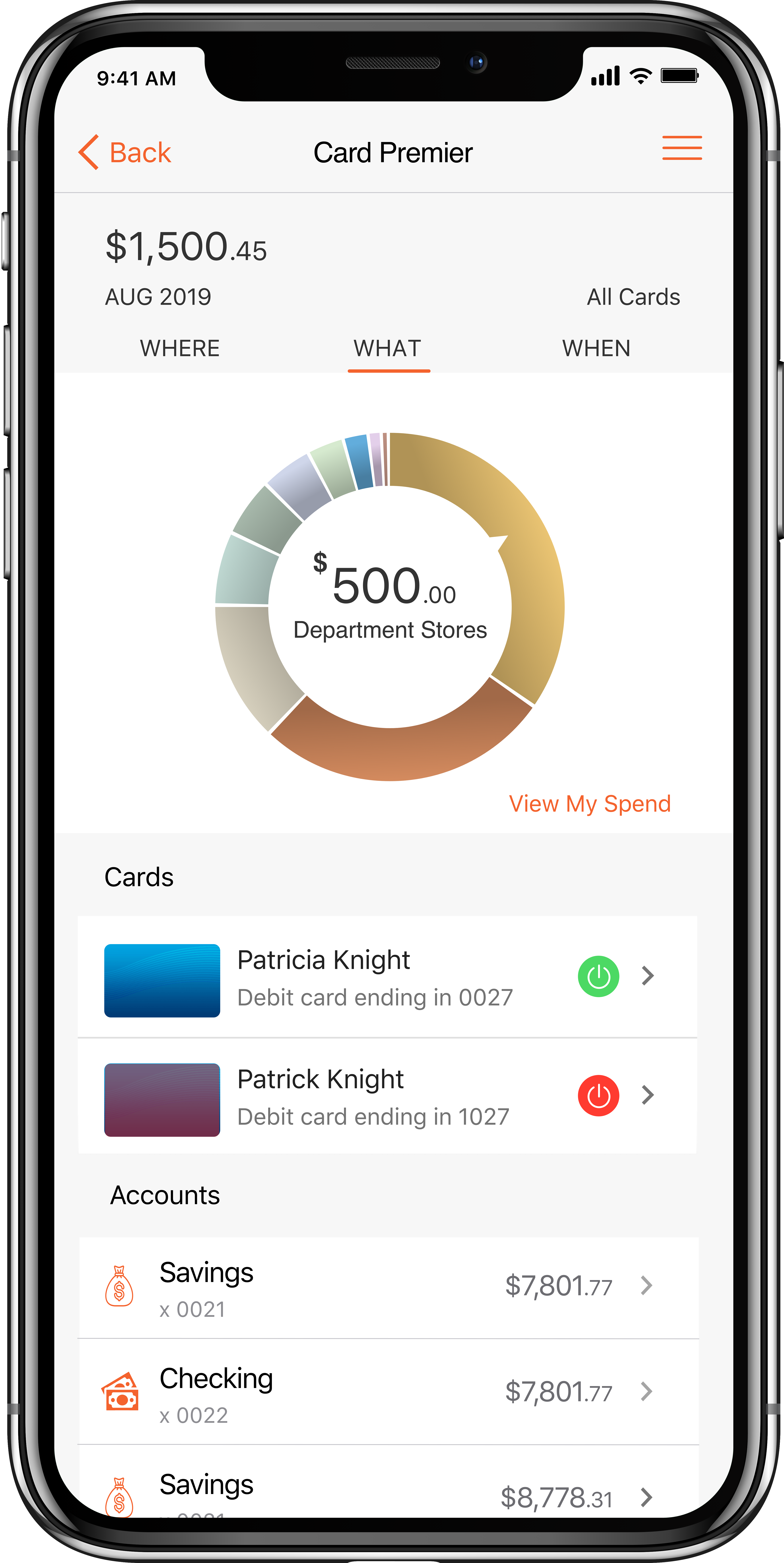 Card App shows spending insights to help cardholders spend smarter. Customers can view for all cards combined or each card individually.
