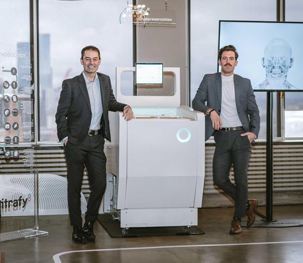 Vitrafy Life Sciences Co-Founders Sean Cameron (left) and Brent Owens are pictured with one of the company's devices developed for cryopreservation of biological materials.