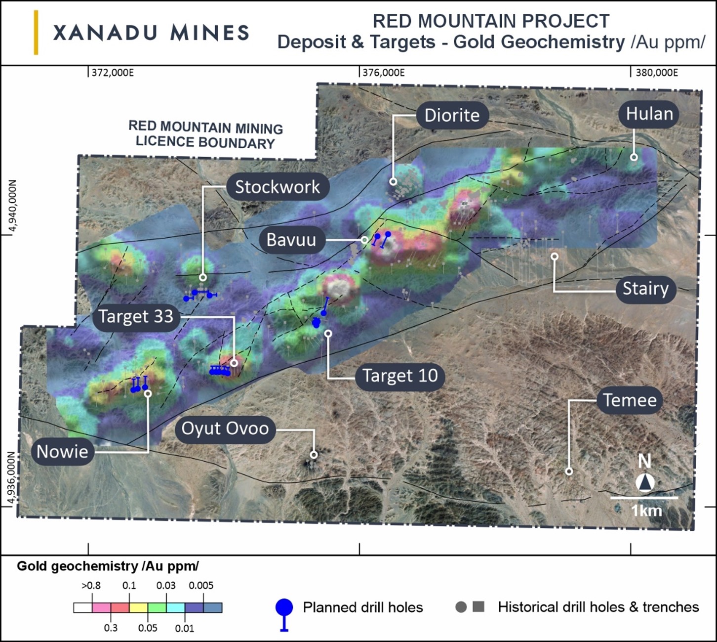 The Red Mountain Mining Lease with designed drill holes and target locations.