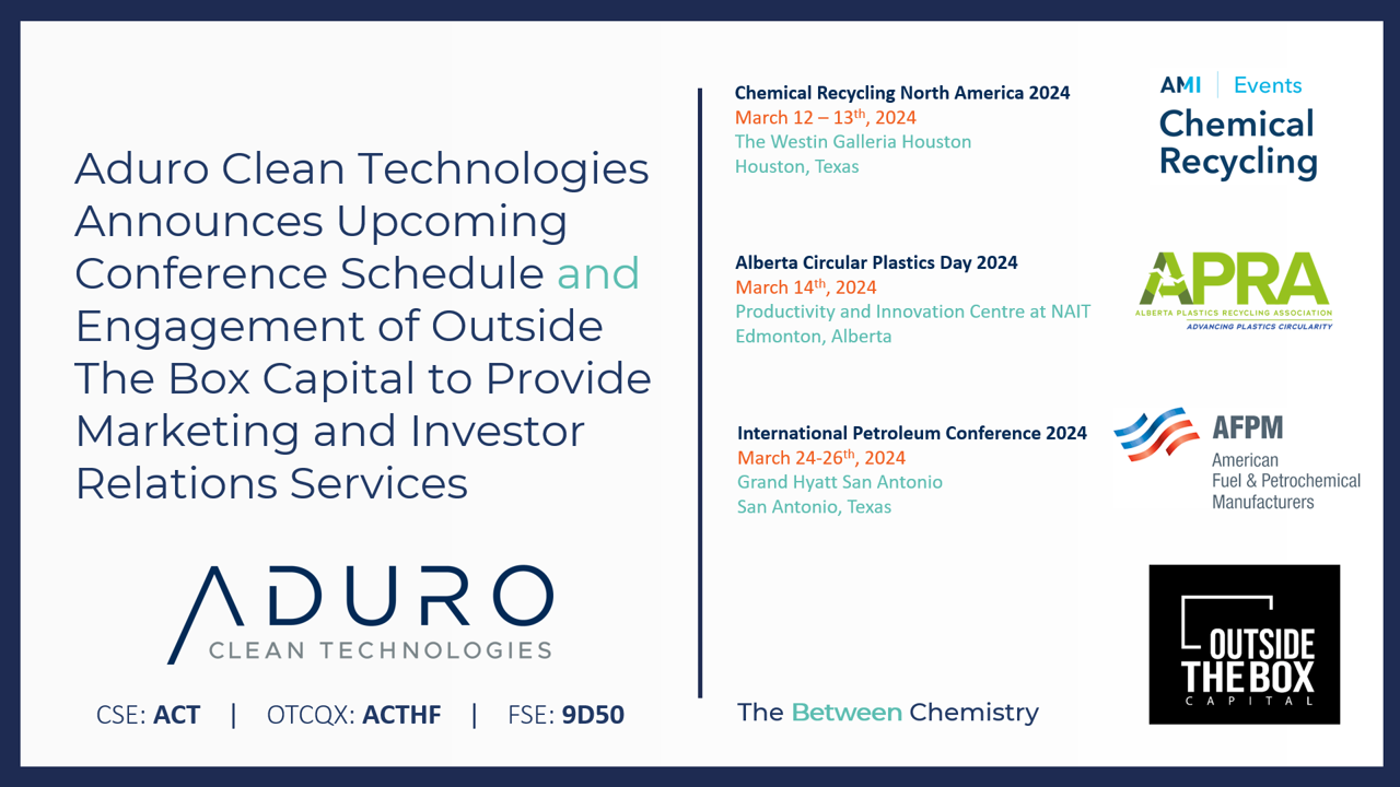 Aduro Clean Technologies kündigt Konferenzteilnahmen und Beauftragung von Outside The Box Capital als Marketing- und Investor-Relations-Dienstleister an