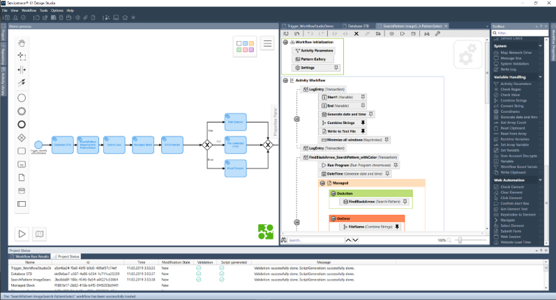 First the business process to be automated is modeled in BPMN 2.0 (model left in picture), then the simple drag-and-drop design of the automation process takes place in the integrated X1 Design Studio (right in picture).