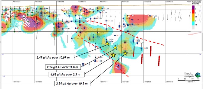 Section longitudinale (regard vers le nord) avec la projection des nouveaux sondages