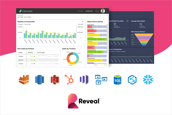 Embedded business intelligence platform Reveal integrates data visualizations with some of the most popular software products: QuickBooks, Google Ads, Microsoft Azure, Snowflake, Marketo, HubSpot, Amazon Athena, Amazon S3 and more.