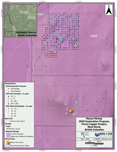 Map of 2025 exploration program activities (soil and rock samples) on the west block of the Penny Property. Including geochemical results of the 2024 program.