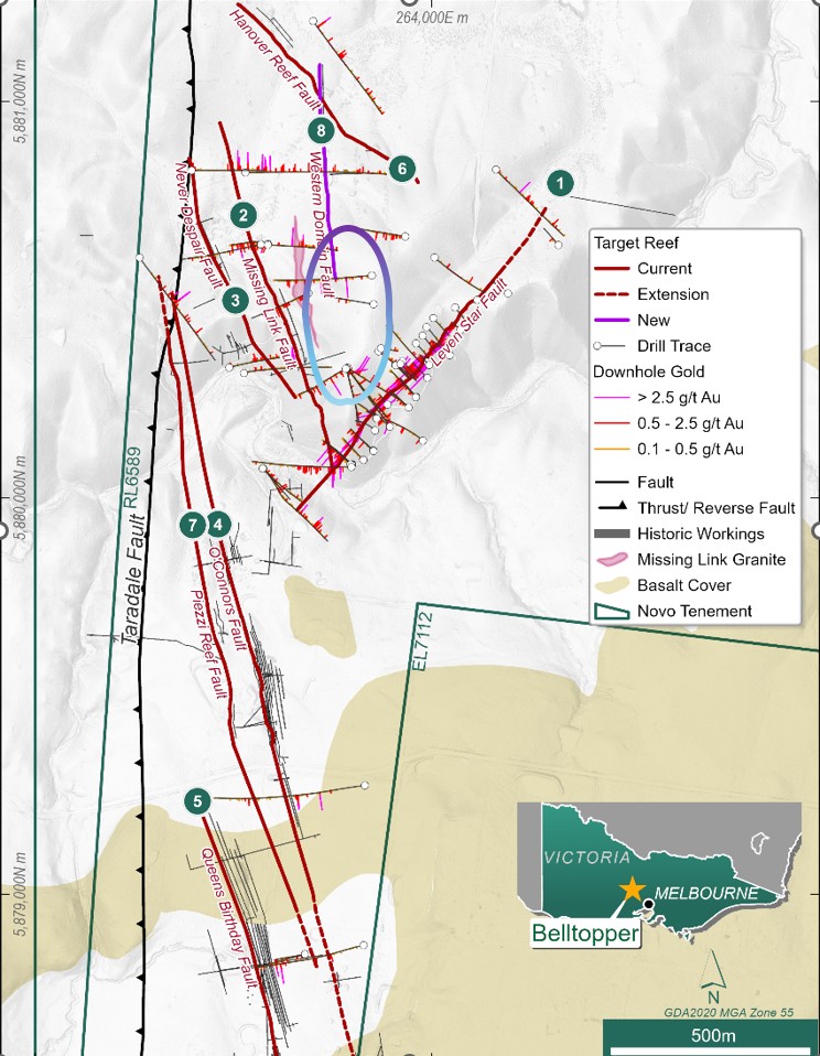 Overview Map of the Belltopper Gold Project showing location of the eight reefs included in the 2026 Exploration Target