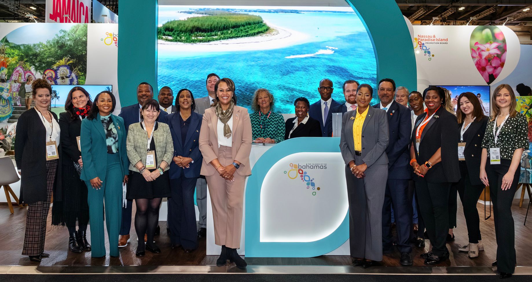 BMOTIA Director General Latia Duncombe alongside Nassau Paradise Island Promotion Board CEO Joy Jibrilu and The Bahamas' delegation at World Travel Market 2024