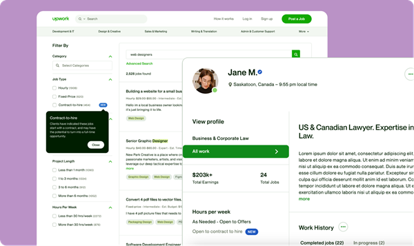 Showing openness to contract-to-hire opportunities on a professional profile and in search for jobs on Upwork.