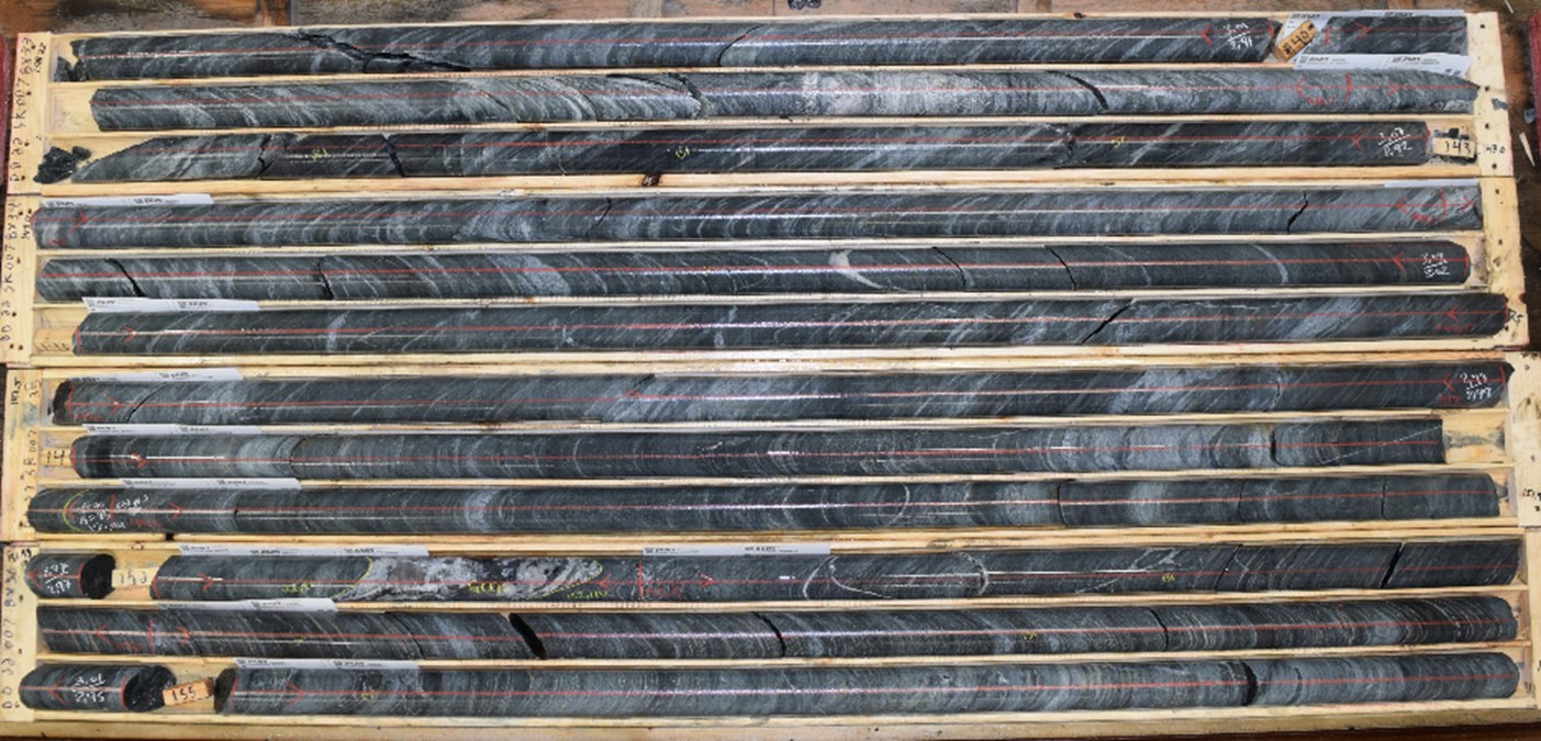 Representative photograph of drill core from large, west-northwest trending shear zone encountered in drill holes DD22SK007 & 008 (interval shown is from 138.7 m to 156.3 m in DD22SK007).