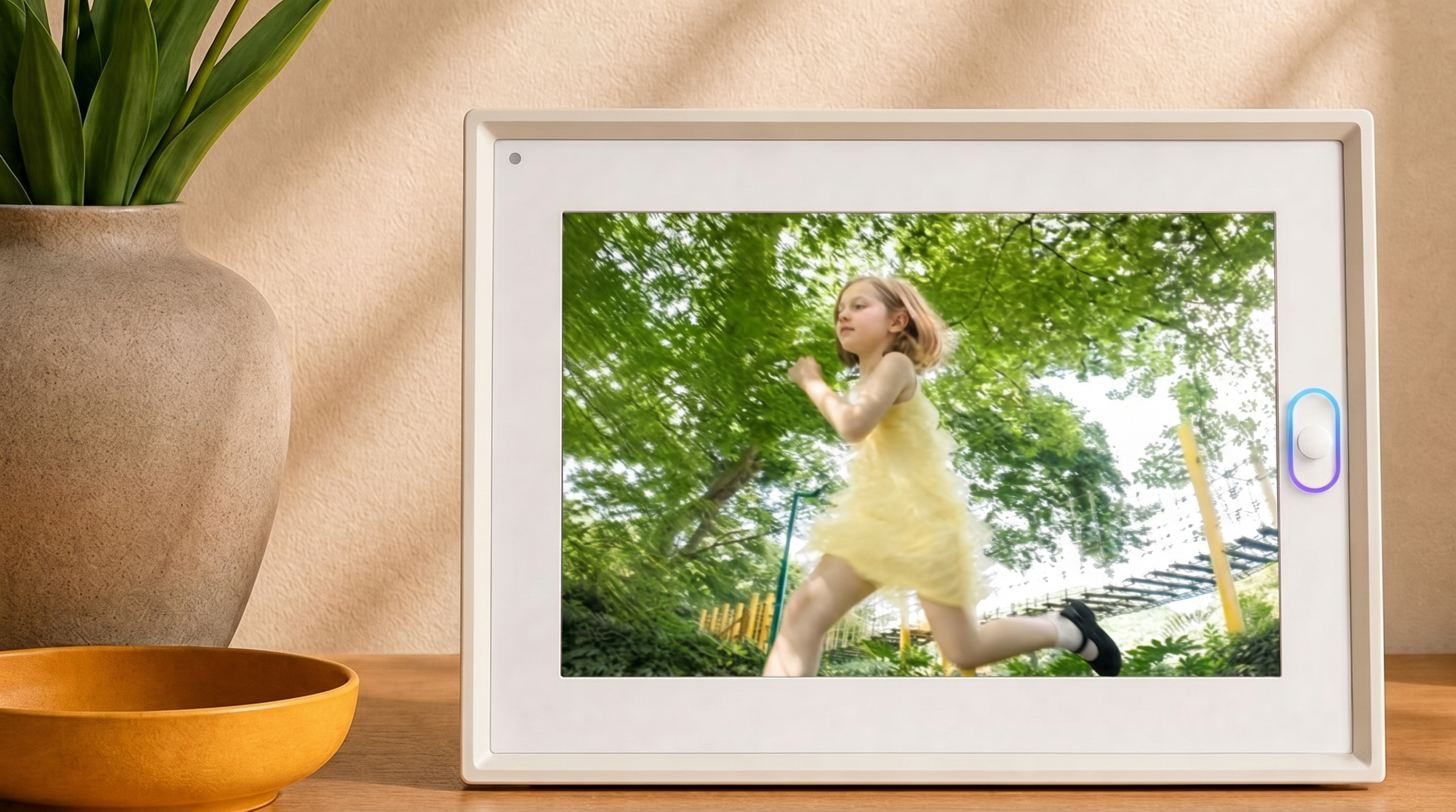 A 10.1 inch AmivoFrame WiFi digital photo frame displaying a vivid, high-definition action photo of a child outdoors.